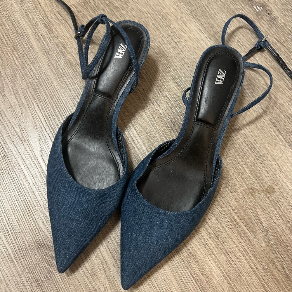 Zara Blue Jean denim kitten heel Pointed Toe Heels
